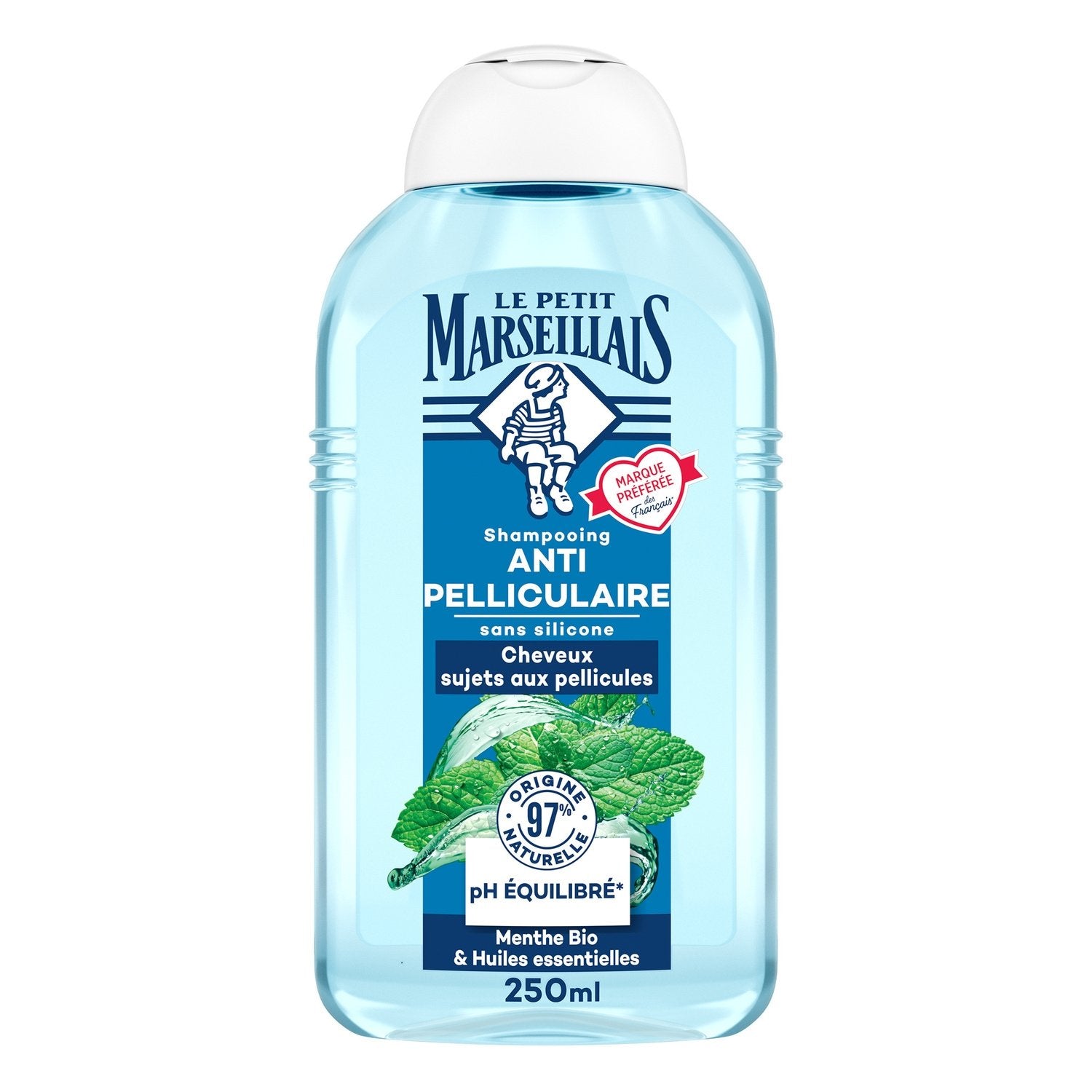Shampoing Antipelliculaire Cheveux Sujets aux Pellicules Menthe Bio et Huiles Essentielles LE PETIT MARSEILLAIS le flacon de 250mL