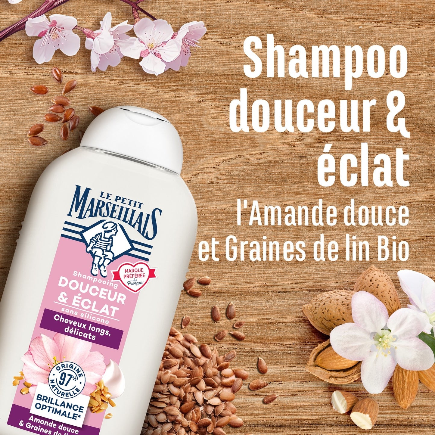 Shampoing Douceur & Éclat Cheveux Longs et Délicats Amande Douce & Graines de Lin Bio LE PETIT MARSEILLAIS