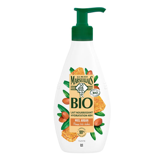 Lait Corps Peau Sèche et Très Sèche Nourrissant Hydratant 48h Miel Argan Bio LE PETIT MARSEILLAIS le flacon de 250mL