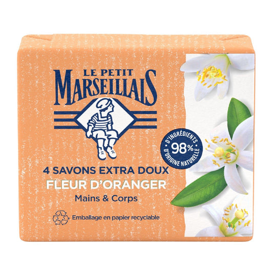 Savon Solide Mains Corps Extra Doux Fleur D'oranger LE PETIT MARSEILLAIS les 4 savons de 100g