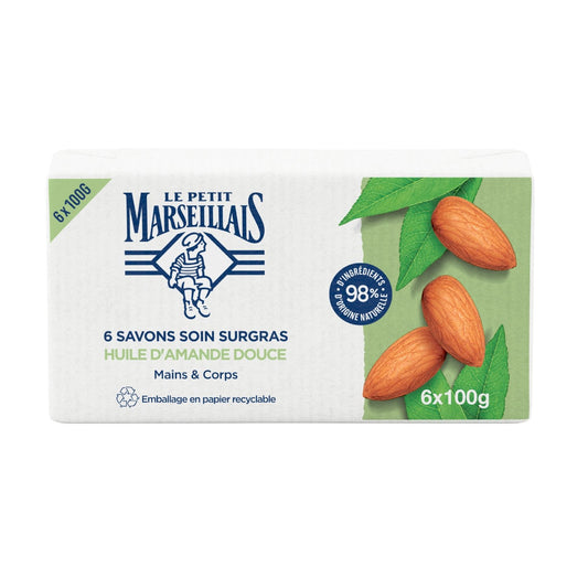 Savon Solide Mains Corps Soin Surgras Huile D'amande Douce LE PETIT MARSEILLAIS les 6 savons de 100g