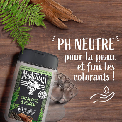 Gel Douche Homme Corps Cheveux Visage Barbe 4 en 1 Bois de Cade et Fougère LE PETIT MARSEILLAIS