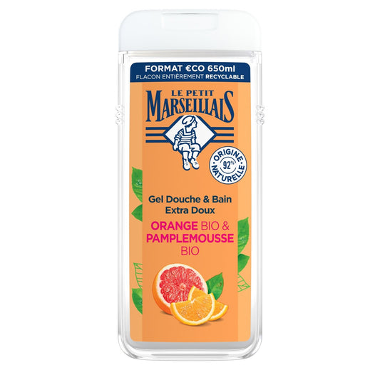 Gel Douche Hydratant Rafraîchissant Orange et Pamplemousse Bio LE PETIT MARSEILLAIS le flacon de 650mL