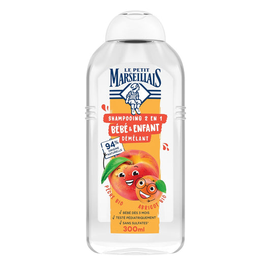 Shampoing Démêlant Pêche et Abricot Bébé et Enfant 2en1 LE PETIT MARSEILLAIS le flacon de 300mL