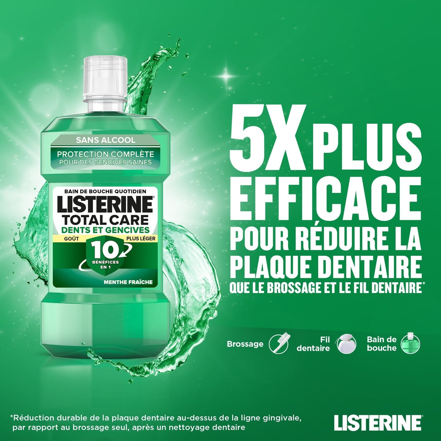 Bain de Bouche Dents et Gencives 10en1 Menthe Fraîche Sans Alcool LISTERINE