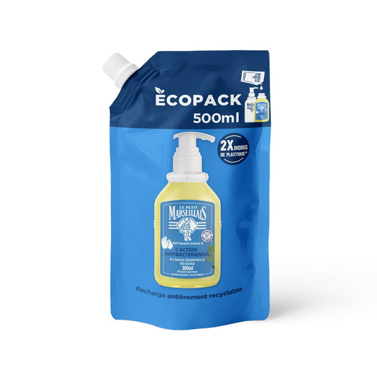 Savon Liquide Recharge Mains Action Anti-Bactérienne à l'huile essentielle de sauge LE PETIT MARSEILLAIS le flacon de 500mL