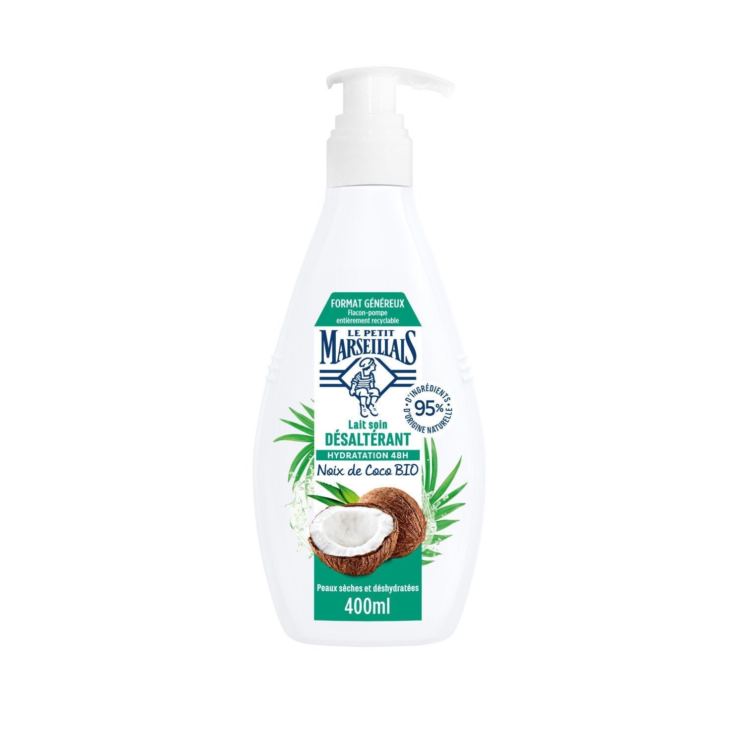 Lait Corps Peau Sèche et Déshydratée Hydratation 48h Noix de Coco Bio LE PETIT MARSEILLAIS le flacon de 400mL