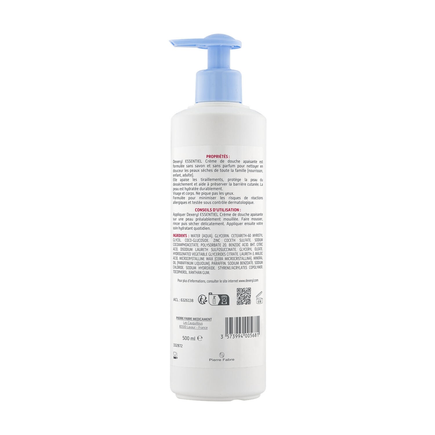 Crème de douche Corps Peau Sèche Apaise Nettoie Sans Parfum Sans Savon Essentiel DEXERYL 