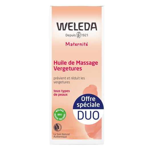 Huile Massage Vergetures Amande Douce Jojoba Bio et Germe de Blé Vitamine E et Arnica Bio WELEDA le lot de 2 flacons de 100mL