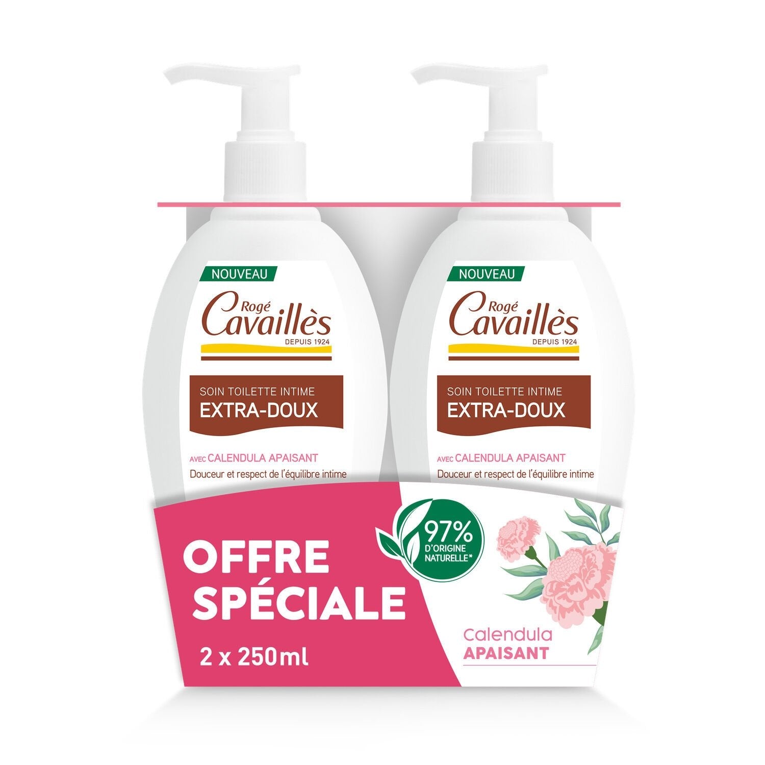 Soin Intime Calendula Apaisant Extra-Doux ROGE CAVAILLES le lot de 2 pompes de 250mL