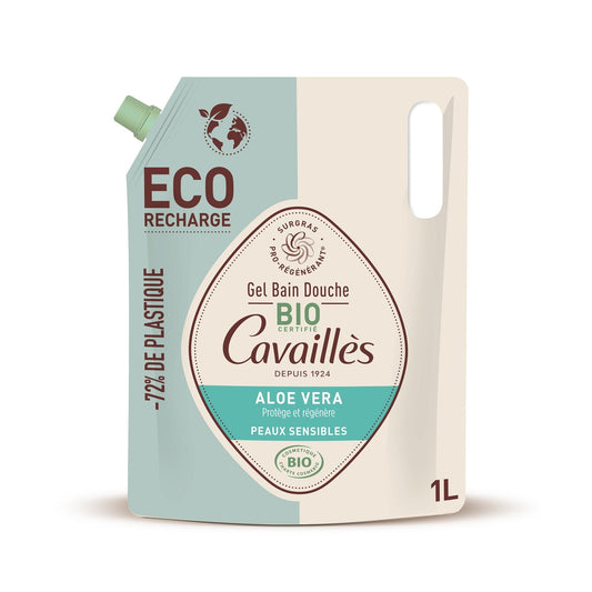 Gel Douche Corps Peaux Sensibles Protège et Régénère à l'Aloe Vera Bio ROGE CAVAILLES la recharge de 1L