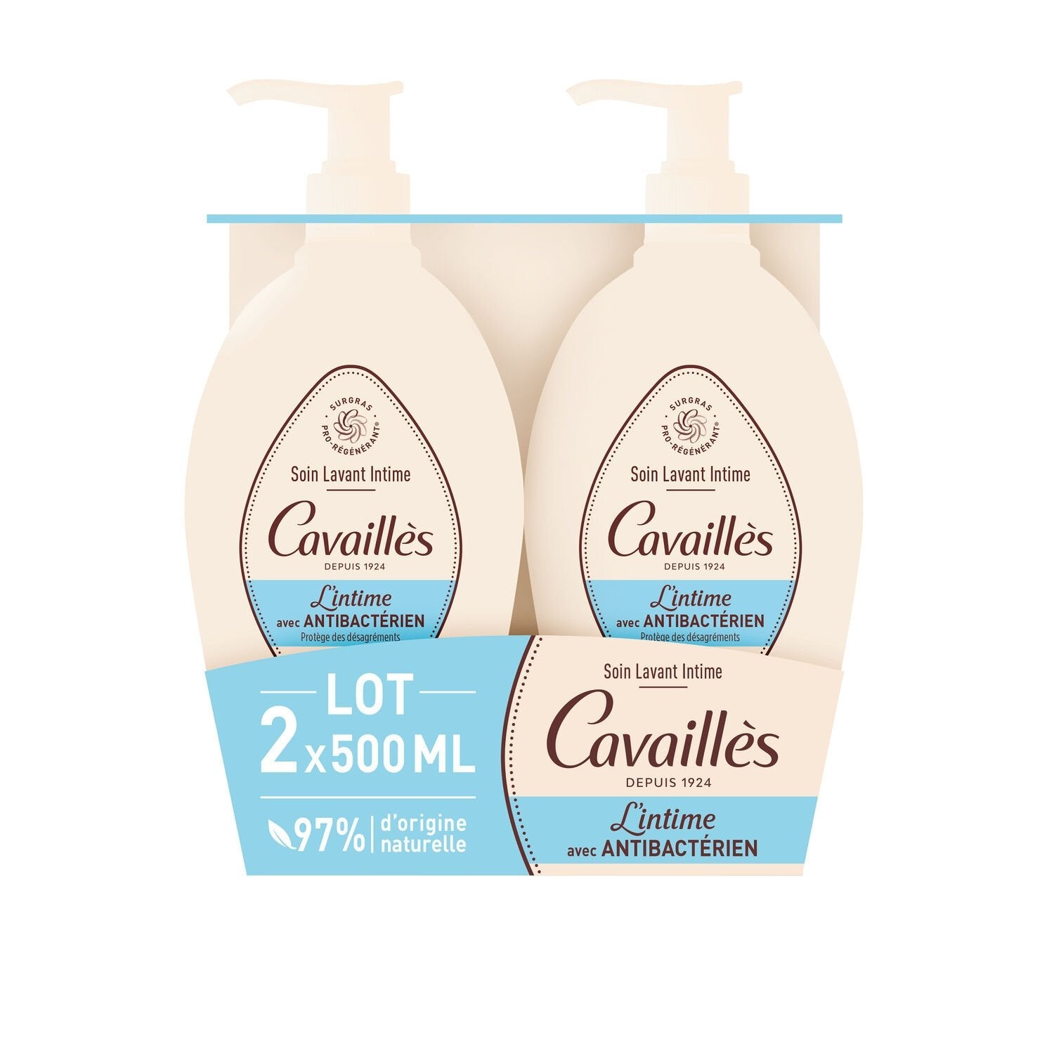 Soin Intime Protège des Désagréments l'Intime avec Antibactérien ROGE CAVAILLES les 2 pompes de 500mL