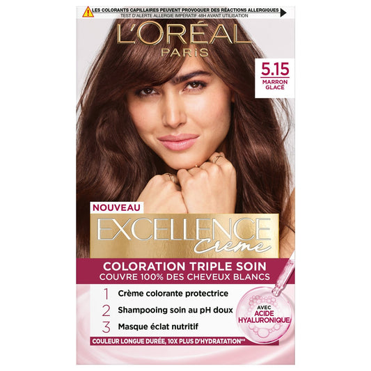 Coloration 5. 15 Marron Glacé Enrichie en Acide Hyaluronique Excellence Crème L'OREAL PARIS la boîte