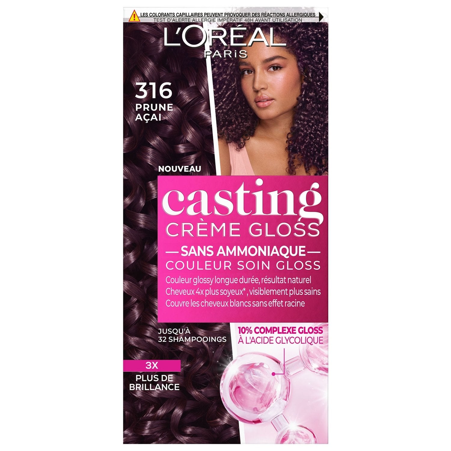 Coloration 316 Prune Exquise Ton sur Ton Sans Ammoniaque Gloss Cheveux 3x Plus Brillants Casting Crème Gloss L'OREAL PARIS la boîte