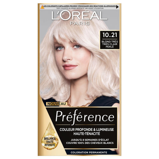 Coloration Permanente 10. 21 Stockholm Blond Très Très Clair Perle Brillance Haute Intensité Préférence L'OREAL PARIS la boîte