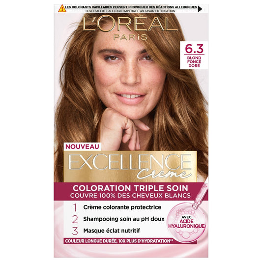 Coloration Permanente 6. 3 Blond Foncé Doré Couvre 100% Cheveux Blancs Excellence Crème L'OREAL PARIS la boîte