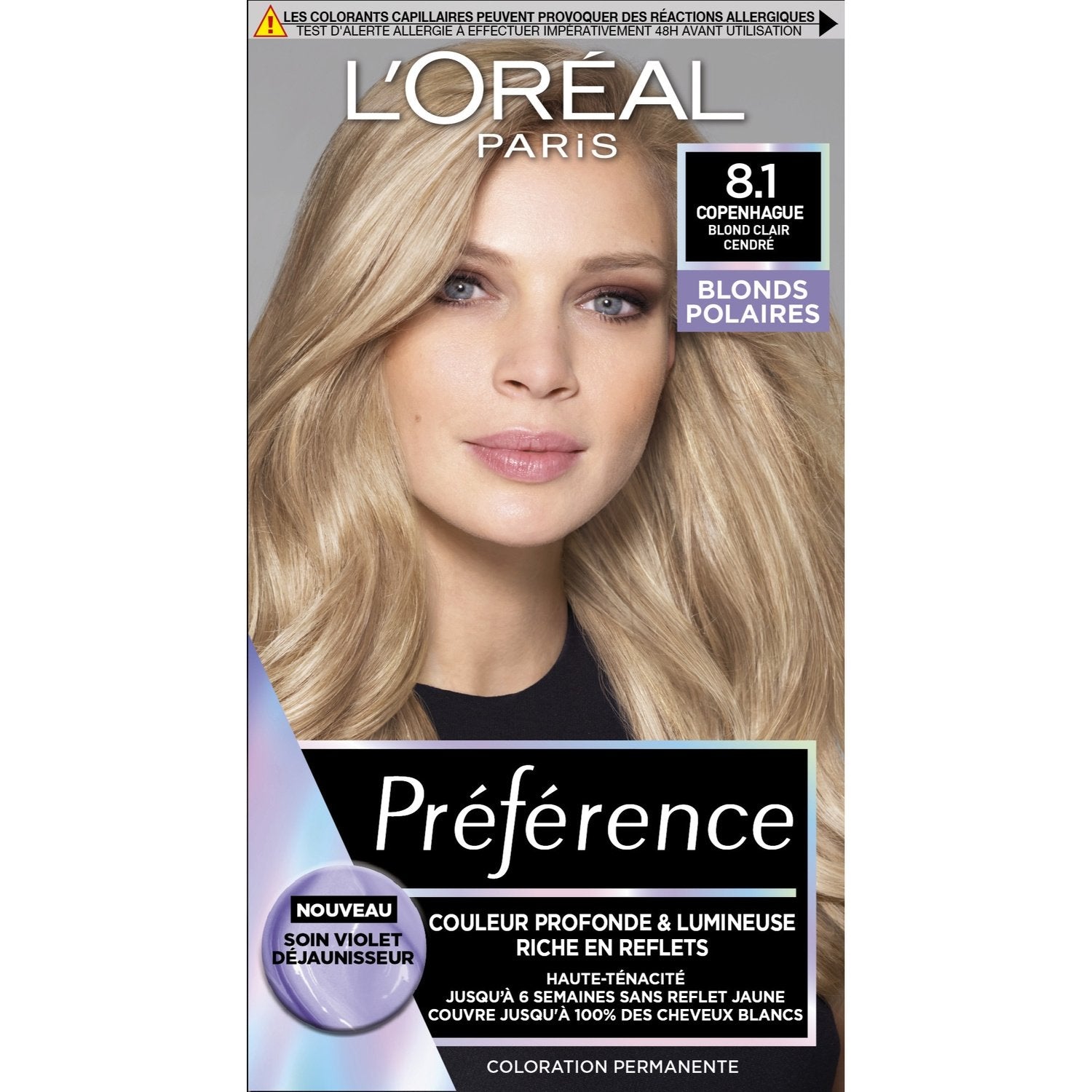 Coloration Permanente 8. 1 Blond Clair Cendré Haute Ténacité Brillance Préférence L'OREAL PARIS la boîte