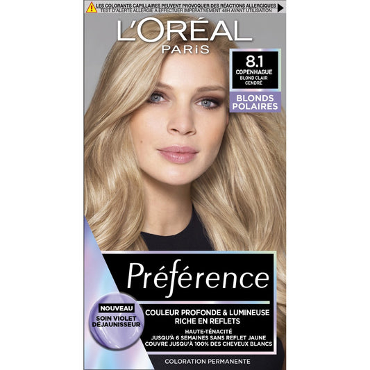 Coloration Permanente 8. 1 Blond Clair Cendré Haute Ténacité Brillance Préférence L'OREAL PARIS la boîte
