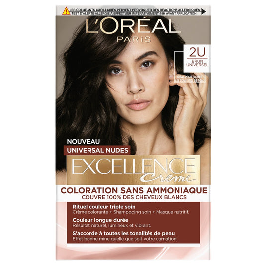 Coloration Universelle 2u Brun Couvre 100% Cheveux Blancs Excellence Nudes L'OREAL PARIS la boîte