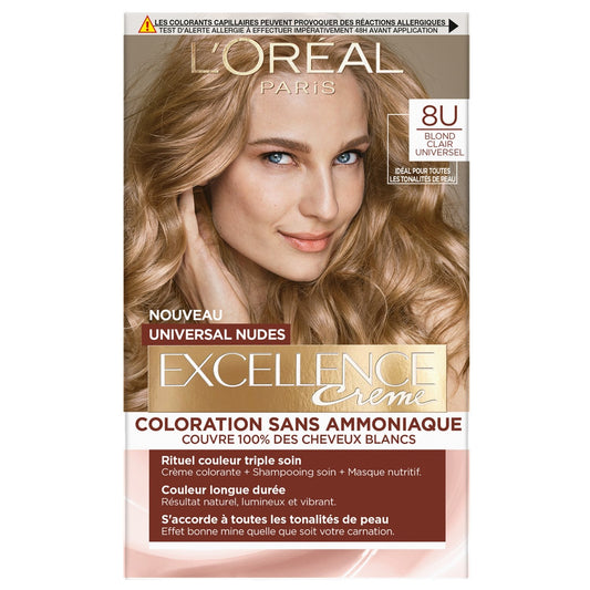 Coloration Permanente 8u Blond Clair Universel Sans Ammoniaque Couvre 100% Cheveux Blancs Excellence Nude L'OREAL PARIS la boîte de coloration