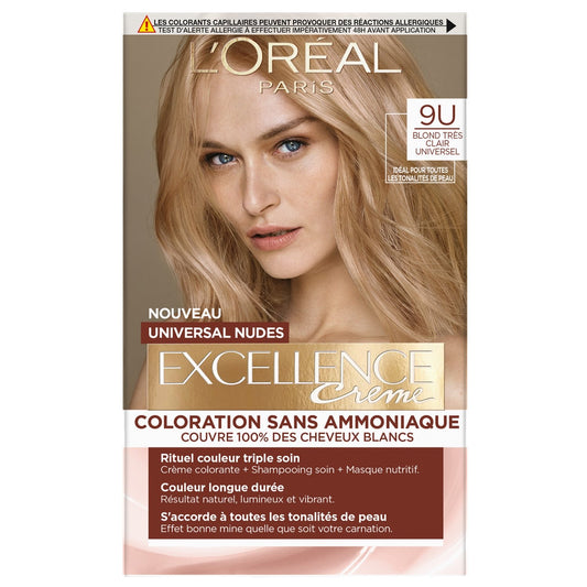 Coloration Universal Nudes 9 Blond Très Clair Couvre 100% Cheveux Blancs Sans Ammoniaque Excellence Crème L'OREAL PARIS la boîte de coloration