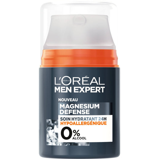 Crème Hydratant 24h Visage Homme Peau Sensible Magnesium Defense Hypoallergénique L'OREAL PARIS la pompe de 50mL
