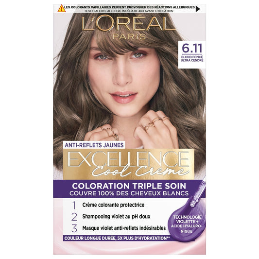 Coloration 6. 11 Blond Foncé Ultra Cendré Triple Soin Anti-Reflets Jaunes Excellence L'OREAL PARIS la boîte