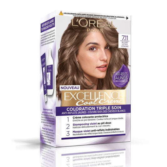 Coloration Permanente 7. 11 Blond Ultra Cendré Triple Soin Couvre 100% Cheveux Blancs Excellence L'OREAL PARIS la boîte