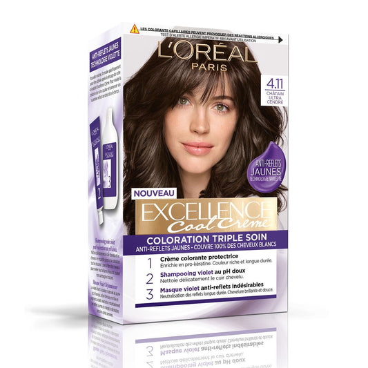 Coloration Permanente 4.11 Châtain Ultra Cendré Triple Soin Anti-Reflets Jaunes Excellence Cool Crème L'OREAL PARIS la boîte de coloration