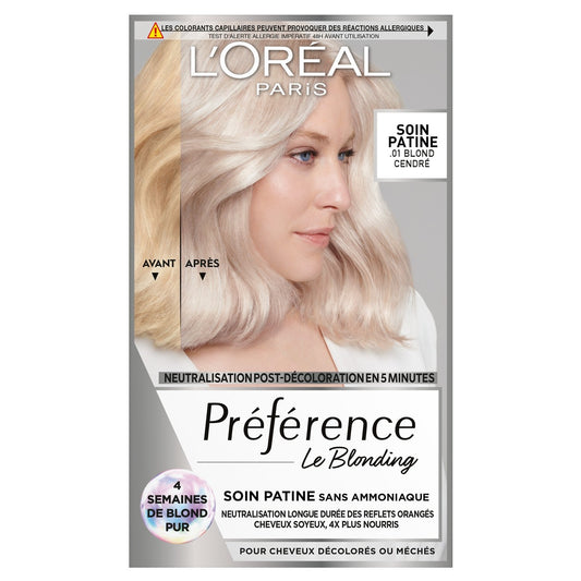 Coloration Permanente Blond Cendré 01 Soin Patine Post-Décoloration Neutralisation Longue Durée Préférence L'OREAL PARIS la boite