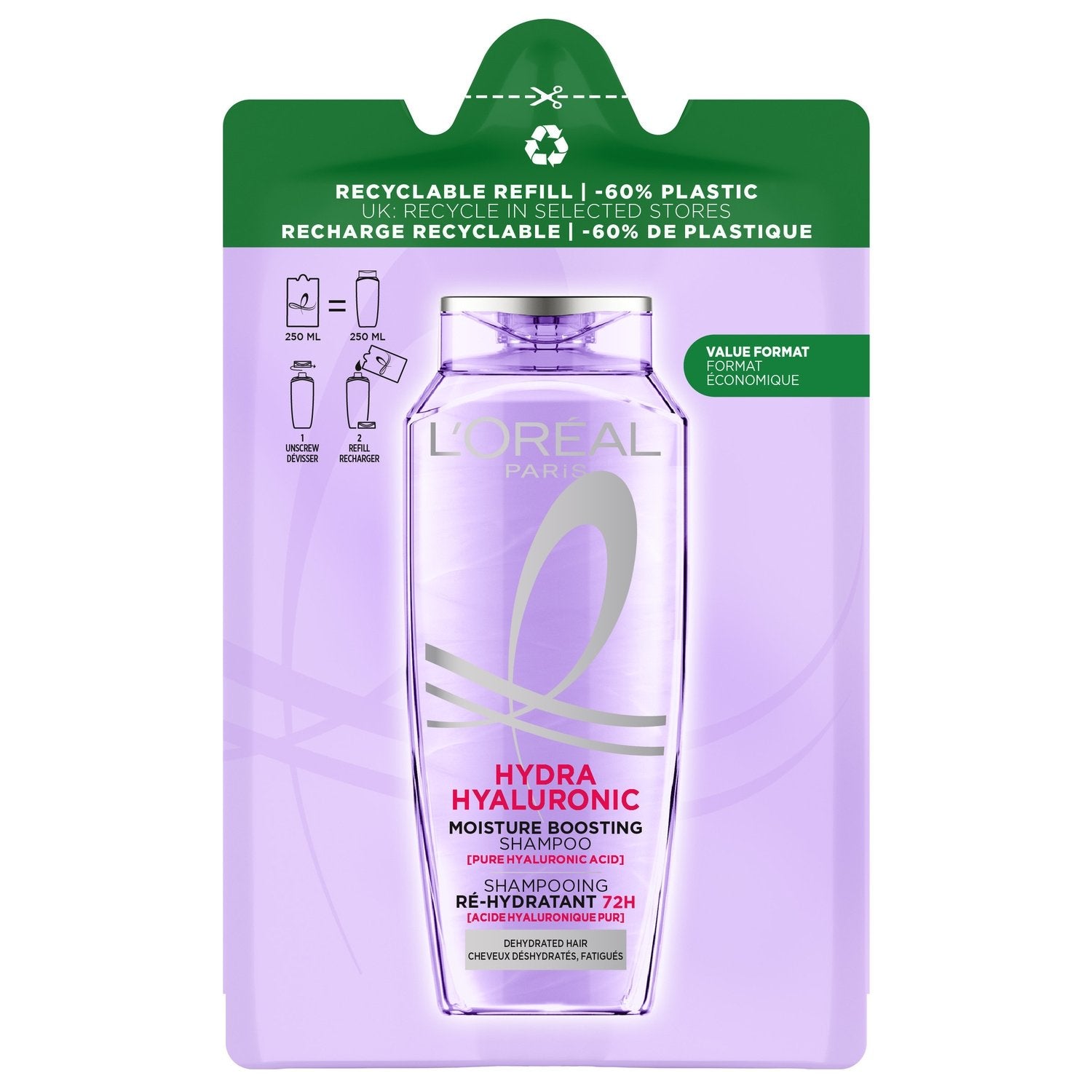 Shampooing Ré-Hydratant à l'Acide Hyaluronique Elseve L'OREAL PARIS la recharge de 250mL