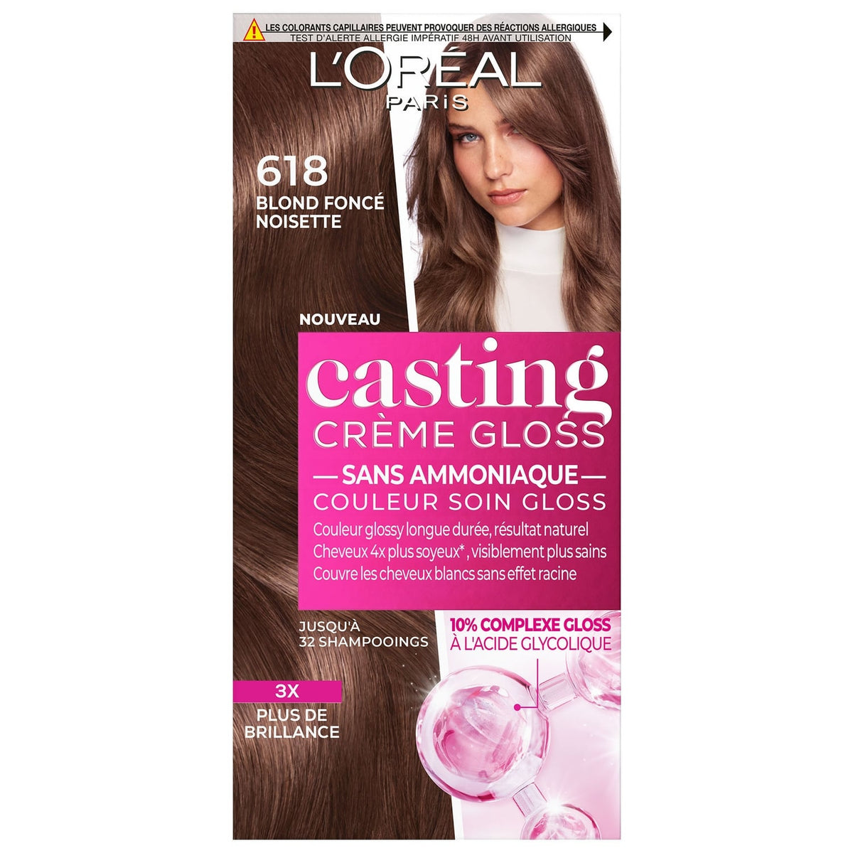 Coloration Semi-permanente Crème Gloss 618 Blond Foncé Noisette Sans Ammoniaque Couleur Soin Gloss Longue Durée Couvre Cheveux Blancs Complexe Gloss Acide Glycolique L'OREAL PARIS 