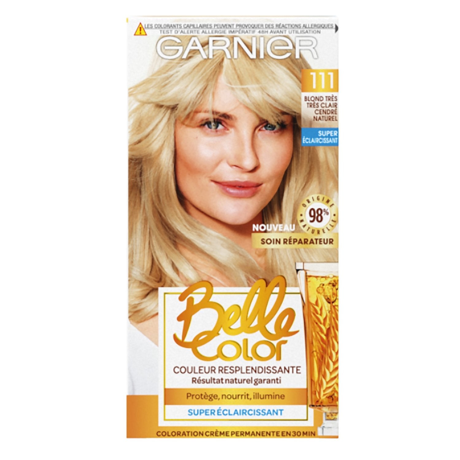Coloration Permanente 111 Blond Très Très Clair Cendré Couvre 100% Cheveux Blancs Belle Color GARNIER la boîte