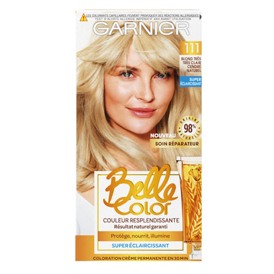 Coloration Permanente 111 Blond Très Très Clair Cendré Couvre 100% Cheveux Blancs Belle Color GARNIER la boîte