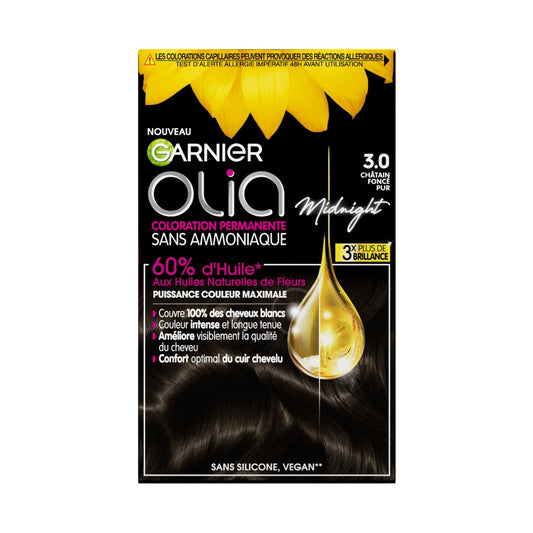 Coloration Permanente Sans Amoniaque 3. 0 Châtain Foncé Pur Olia GARNIER la boîte de coloration