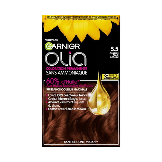 Coloration Permanente 5. 5 Châtain Clair Acajou Sans Ammoniaque Activée par l'Huile Olia GARNIER la boîte de coloration