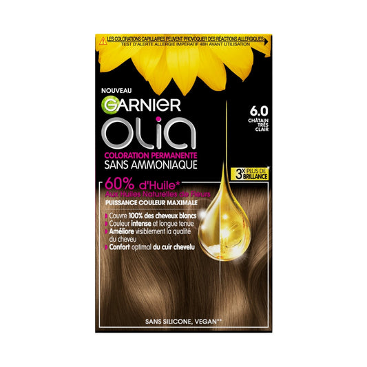 Coloration Permanente 6. 0 Châtain Très Clair Sans Ammoniaque Activée par l'Huile Couvre 100% Cheveux Blancs Olia GARNIER la boîte de coloration