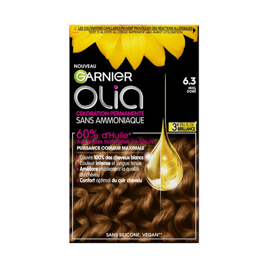 Coloration Permanente Sans Amoniaque 6. 3 Miel Doré Activée par l'Huile Olia GARNIER la boîte