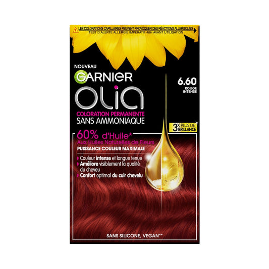 Coloration Permanente 6. 60 Rouge Intense Sans Ammoniaque Couvre 100% Cheveux Blancs Olia GARNIER la boîte