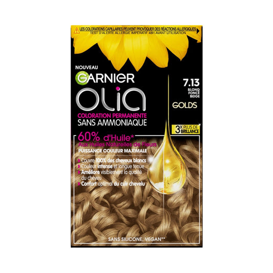 Coloration Permanente Sans Amoniaque 7. 13 Blond Beige Foncé Activée par l'Huile Olia GARNIER la boîte
