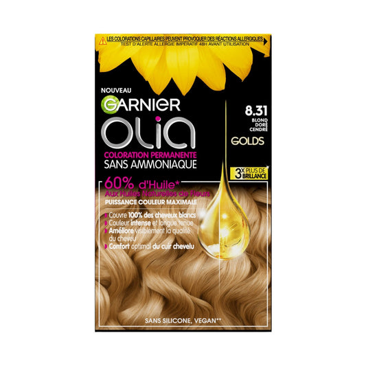 Coloration Permanente Sans Amoniaque 8. 31 Blond Doré Cendré Activée par l'Huile Olia GARNIER la boîte