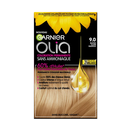 Coloration Permanente Sans Amoniaque 9. 0 Blond Clair Radieux Olia GARNIER la boîte
