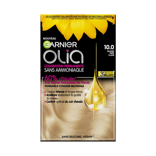 Coloration Permanente Sans Amoniaque 10. 0 Blond Très Clair Brillance Longue Durée Olia GARNIER la boîte