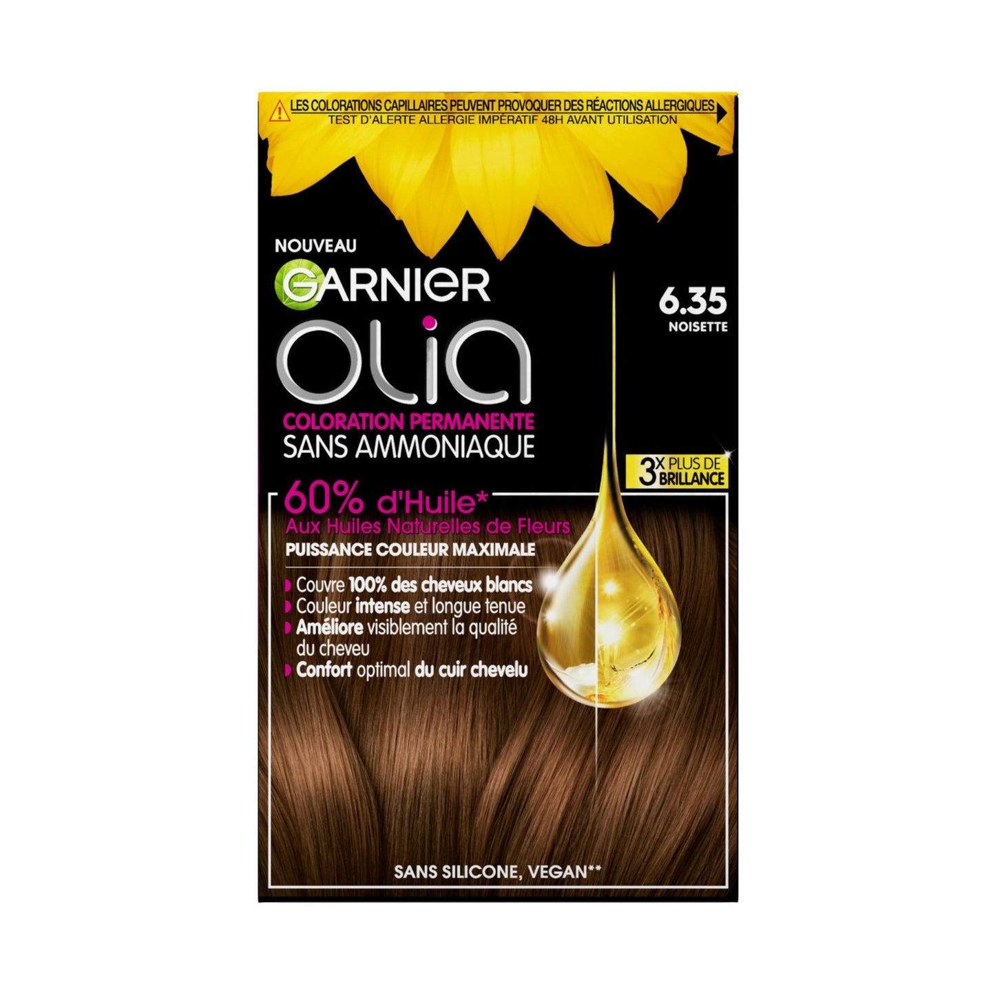 Coloration Permanente Sans Amoniaque 6. 35 Noisette Activée par l'Huile Olia GARNIER la boîte