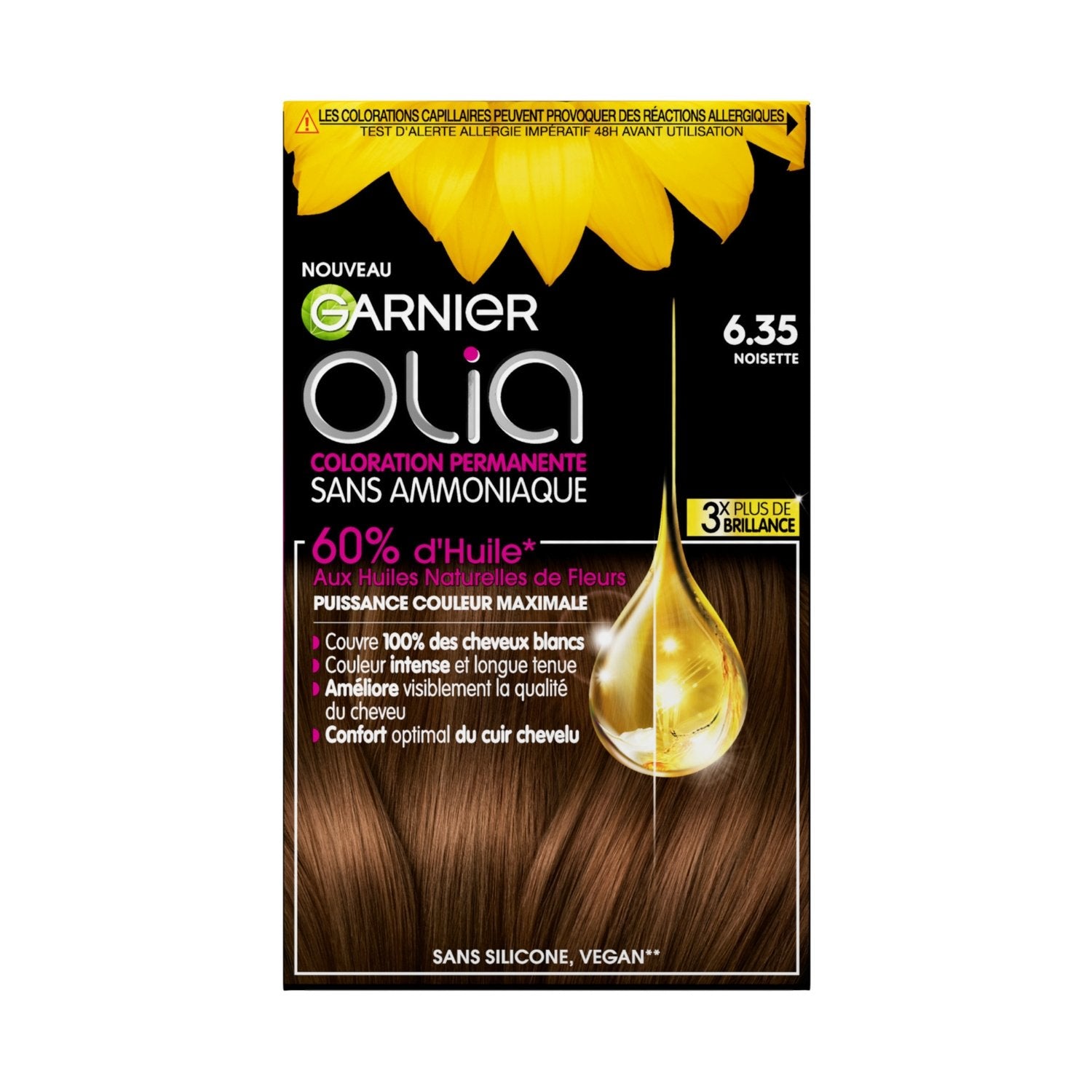Coloration Permanente Sans Amoniaque 6. 35 Noisette Activée par l'Huile Olia GARNIER la boîte