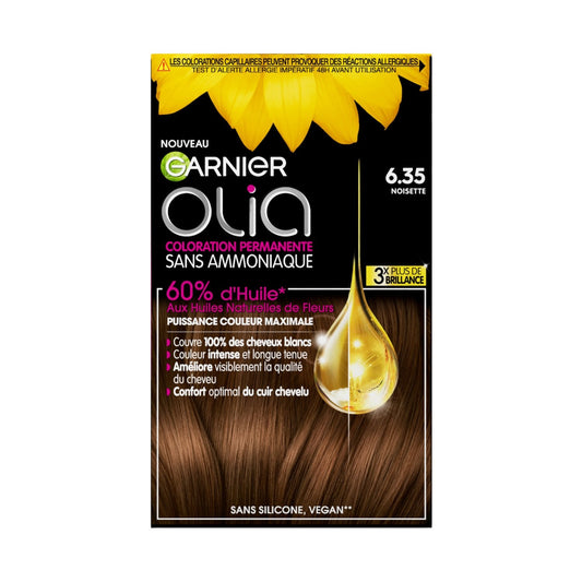 Coloration Permanente Sans Amoniaque 6. 35 Noisette Activée par l'Huile Olia GARNIER la boîte