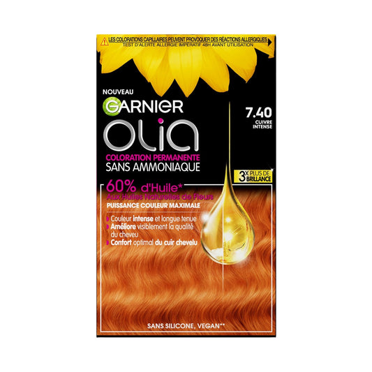 Coloration Permanente Sans Ammoniaque 7. 40 Cuivré Intense Olia GARNIER la boîte