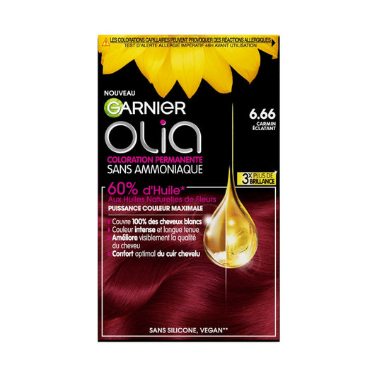 Coloration Permanente Sans Amoniaque 6. 66 Carmin Éclatant Activée par l'Huile Olia GARNIER la boîte