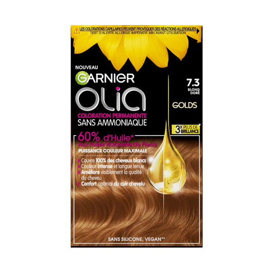 Coloration Permanente 7. 3 Blond Doré Sans Ammoniaque Activée par l'Huile Olia GARNIER la boîte