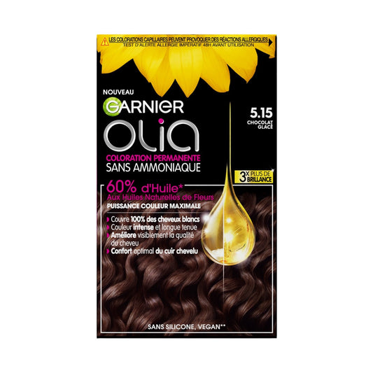 Coloration Permanente Sans Amoniaque 5. 15 Chocolat Glacé Activée par l'Huile Olia GARNIER la boîte